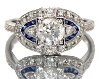 18k Gold 1.62 ct Diamond & Sapphire Deco Ring