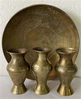 Old Chinese Brass Shallow Bowl & 3 Vases Vintage