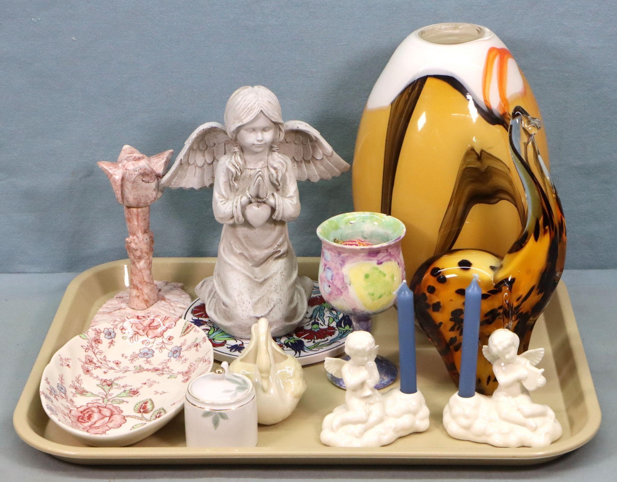 Art Glass Vase, Figurines, Belleek Swan, etc.