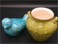 glazed pottery blue bird and green planter