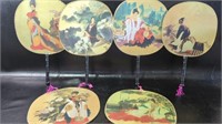 Vintage Asain Hand Fans W/ Bamboo Style Handles