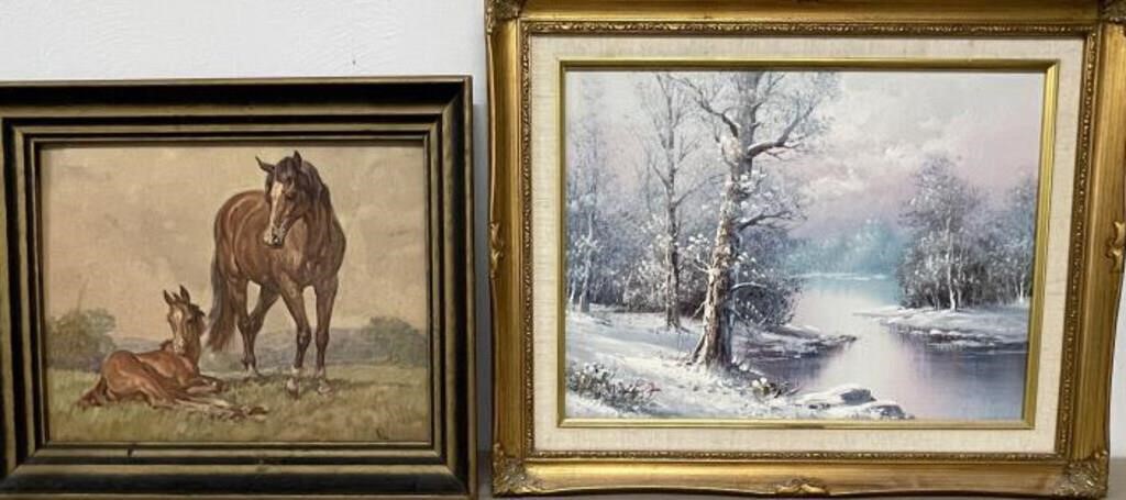 Horses by Elmer Brown & Winter Landscape Signed