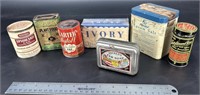7 Antique Tins Epsom Salt, Soap & More