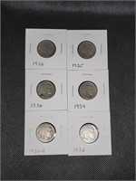 Lot of 6 Buffalo Nickels: 1926, 1934 D, 1934,