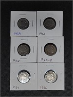 Lot of 6 Buffalo Nickels: 1920 S, 1929, 1934,