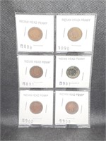 Lot of 6 Indian Head Pennies: 1888, 1890, 1891,
