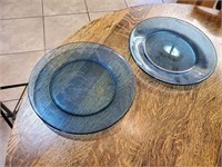 (2) Large Blue Glass Serving Plates