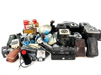 Asst of Vintage Cameras Flashes Boxes & Accs.