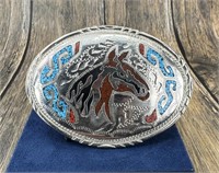 Turquoise and Coral Inlaid Horse Belt Buckle