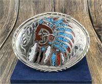 Turquoise and Coral Inlaid Indian Belt Buckle
