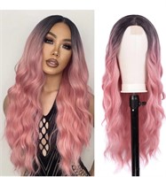 Sz 30 inches Long Ombre Pink Wavy Wig for Women