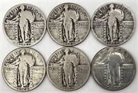 Six Silver US Standing Liberty Quarters 1925-30
