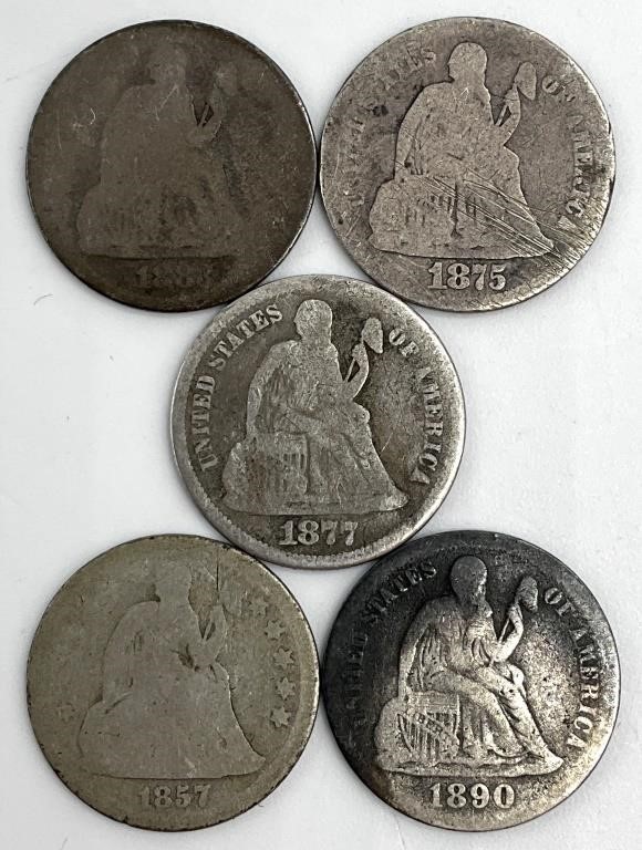 Five US Silver Seated Liberty Dimes