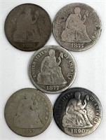 Five US Silver Seated Liberty Dimes