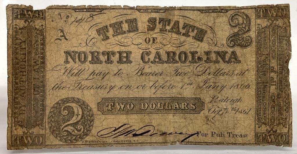 October 4, 1861 NC Confederate $2 Note