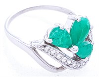 925 Sterling Silver Ring, 3 Pear Cut Emerald & CZ