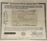1957 Certificate of Title to A Texas Motor  Vehicl