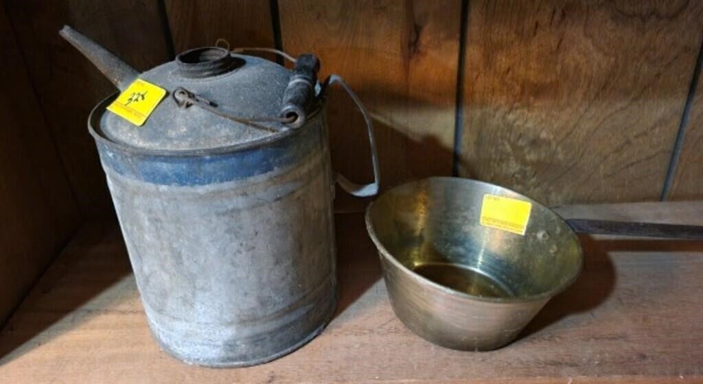 GALVANIZED OIL CAN AND BRASS/IRON LADEL
