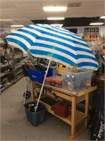 Blue and white beach umbrella
