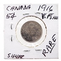 Canada 1916 Silver 5 Cents VF RARE