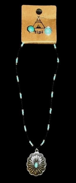 Beaded Necklace with Turqoiuse Silver Concho & Ear