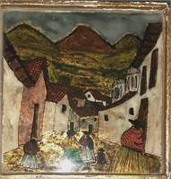 Small Vintage Art Painting on Glass - Small Villag