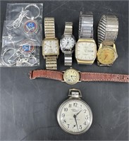6 Vintage Watches & 2 Masons Keychains