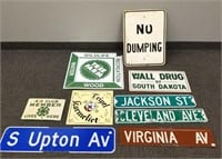 9 metal street signs, etc. - Wall Drug, No Dumping