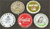 5 advertising thermometer's, etc. (1 has no glass)