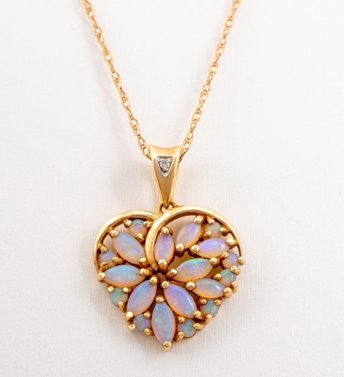 14K Yellow Gold Opal Heart Pendant Necklace