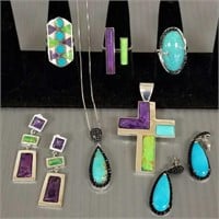 Group of turquoise, etc. jewelry set in sterling