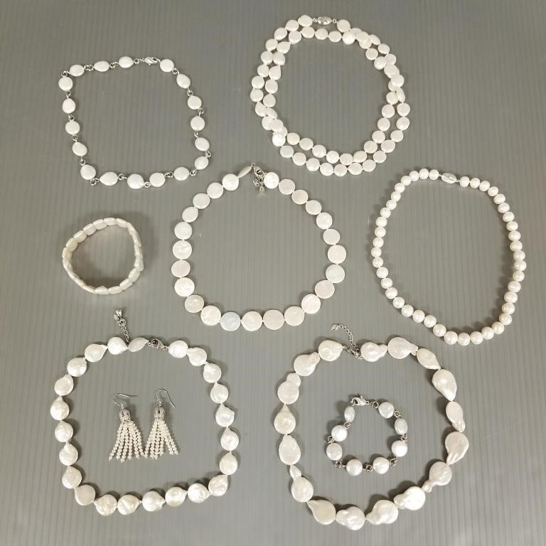 Group of pearl necklaces, bracelets, earrings