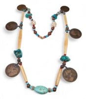 Bone, British Coin, Turquoise & Coral Necklace.