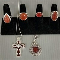6 pieces sterling & carnelian jewelry; ring sizes