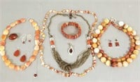 Group of sterling & carnelian jewelry, beads,