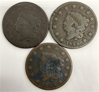 3 Early US Large Cents 1822, 1825, 1828