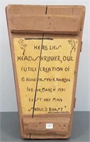 Owl carving in box "The Headshrinker" signed