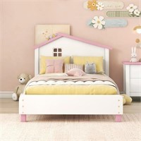 Wood Platform Bed  Twin  House-Head  White+Pink