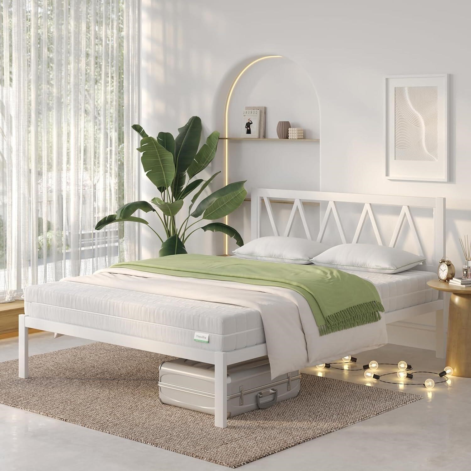 Novilla Metal Bed Frame  Wood Slat  White  Queen
