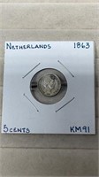 1863 Netherlands 5 Cent Silver Cents