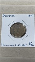 1867 Denmark 1 Skilling Rigsmont Coin
