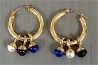 14K gold hoop earrings with lapis, onyx & pearl