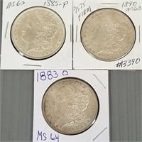 3 U.S. Morgan silver dollars - 1183-O, 1885-P