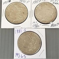 3 U.S. Morgan silver dollars - 1881-S, 1887-P