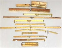 Collection antique brass & wood folding rulers,