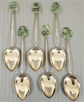 6 silver spoons with carved jade Buddhas - marked