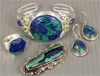 5 pcs. sterling silver jewelry set with azurite