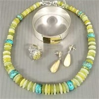 Group sterling silver & bead jewelry w/ green opal