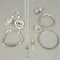 Group sterling silver rose motif jewelry: