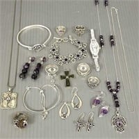 Group sterling silver jewelry set with amethysts,